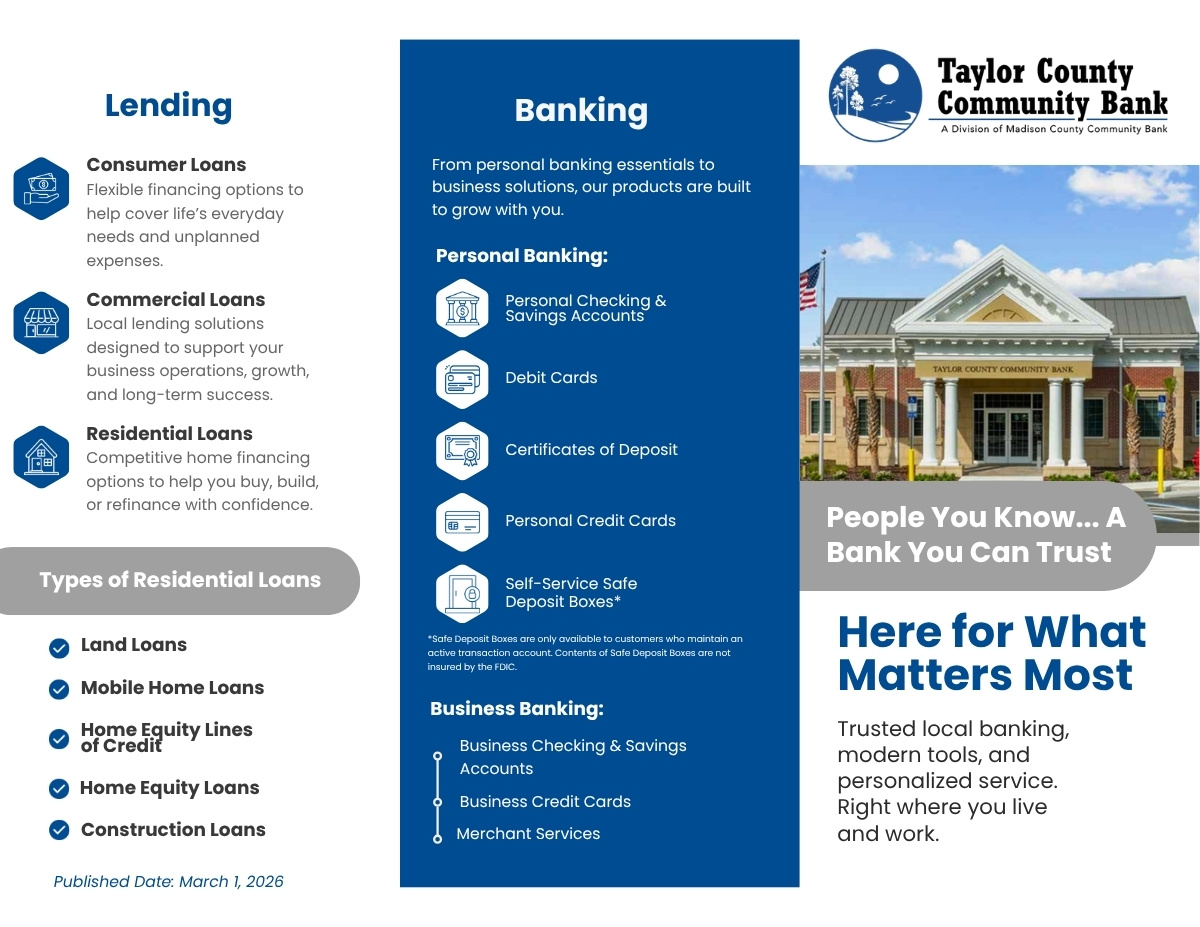 Taylor County Community Bank brochure designed by Revolve